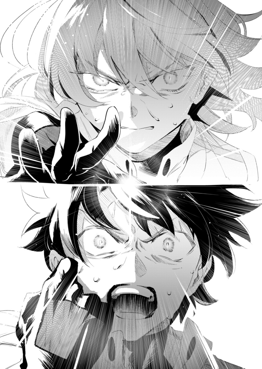 1boy, 1girl, chaldea_uniform, close-up, commentary_request, constricted_pupils, emphasis_lines, fate/grand_order