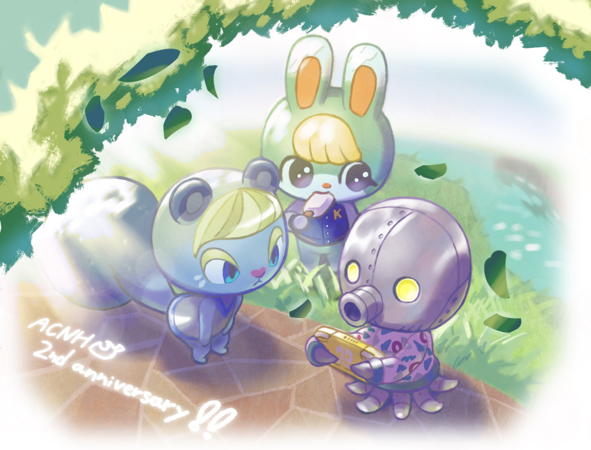 1girl, 2boys, :<, animal_crossing, anniversary, blonde_hair, blue_eyes, blue_jacket