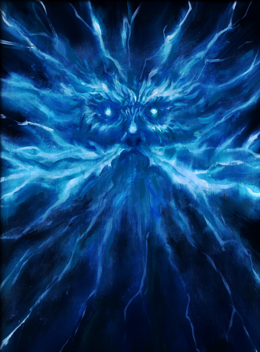 1boy, acrylic_paint_(medium), apparition, beard, berserk, blue_eyes, blue_theme, close-up, emperor_ganishka, facial_hair, floating_hair, glowing, glowing_eyes, highres, long_beard, long_hair, looking_at_viewer, monochrome, mustache, painting_(medium), solo, thick_beard, traditional_media, vee209