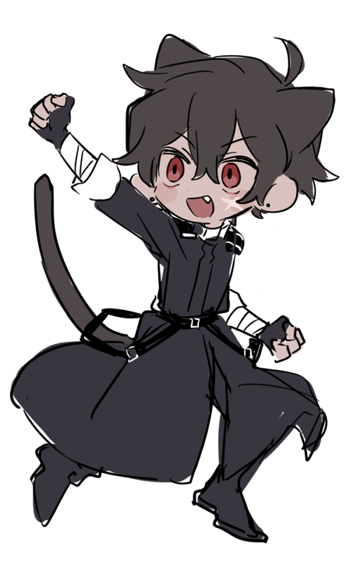 >:), 1boy, :d, animal_ears, bandaged_arm, bandages, belial_(happy_saint_sheol), belt, black_coat, cat_boy, chibi, clenched_hand, coat, dark-skinned_male, dark_skin, fang, hand_up, happy_saint_sheol, ok_o_o, red_eyes, scar, scar_on_cheek, scar_on_face, sketch, smile, solo, v-shaped_eyebrows, white_background