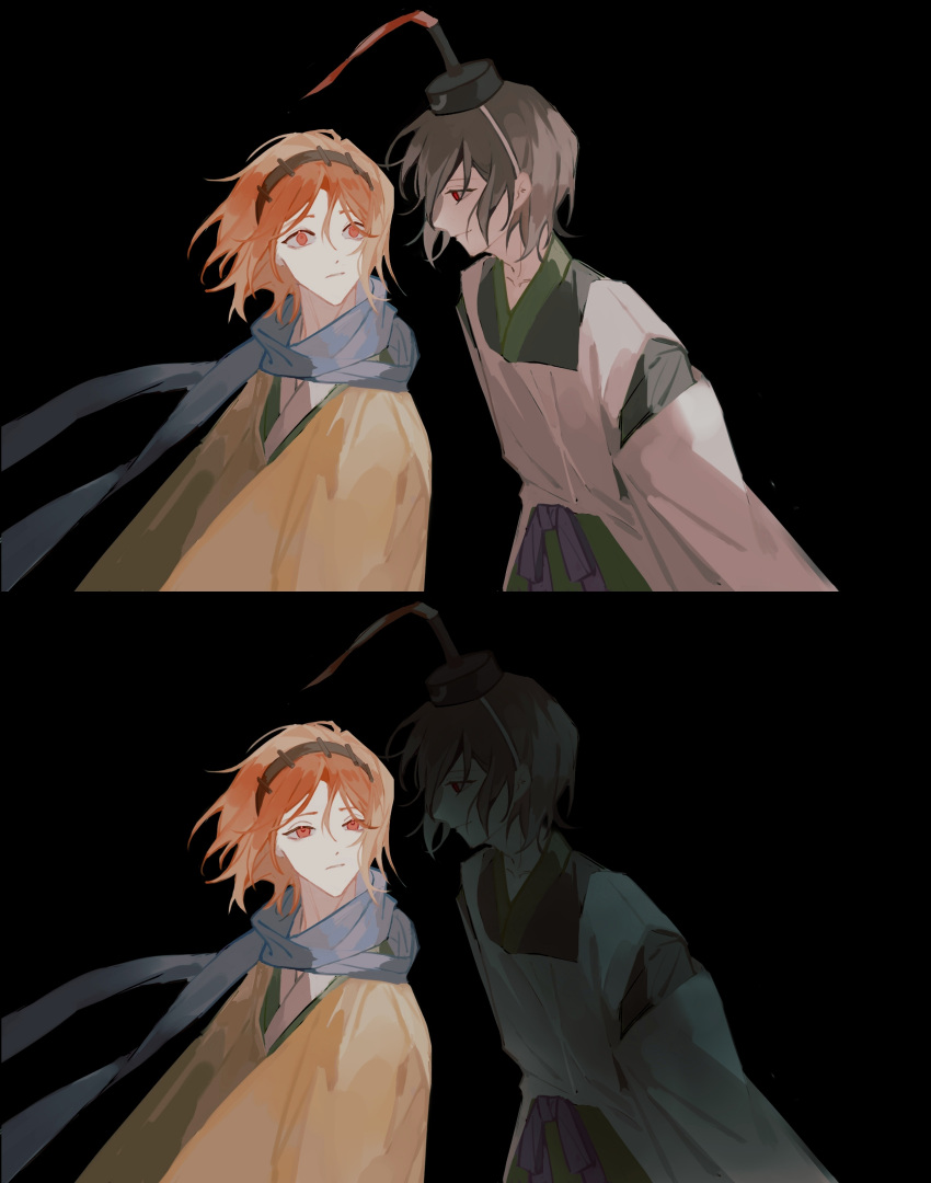 2others, absurdres, androgynous, black_background, black_kimono, blue_scarf, chinese_commentary, closed_mouth