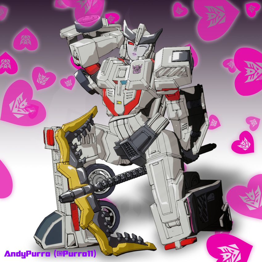 1girl, 3d, andypurro, blender_(medium), decepticon, heart, helmet, highres, humanoid_robot, looking_at_viewer, mecha, megaempress, one_eye_closed, pickaxe, posing, red_eyes, robot, robot_girl, solo, transformers