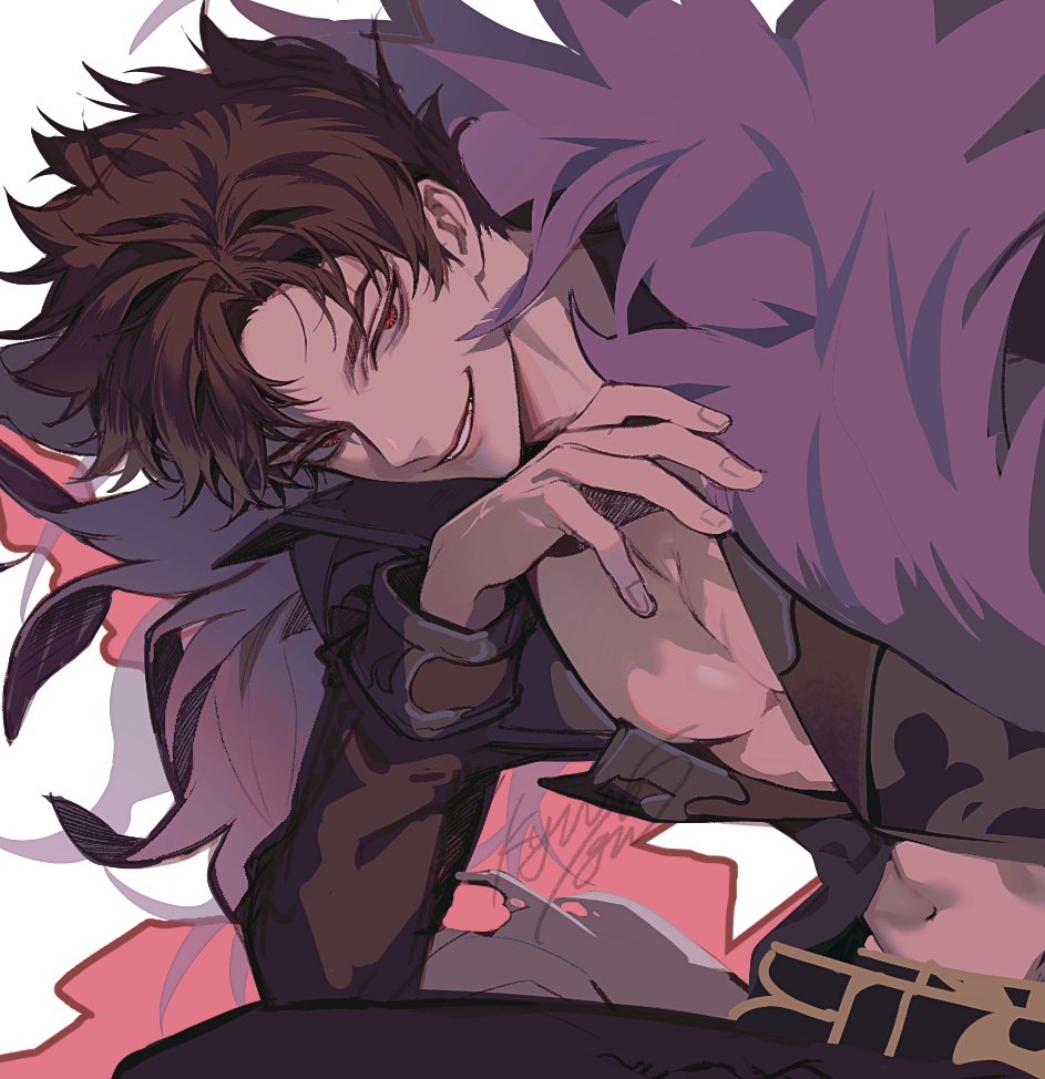 >:), 1boy, abs, belial_(granblue_fantasy), belt, bishounen, black_jacket, brown_hair
