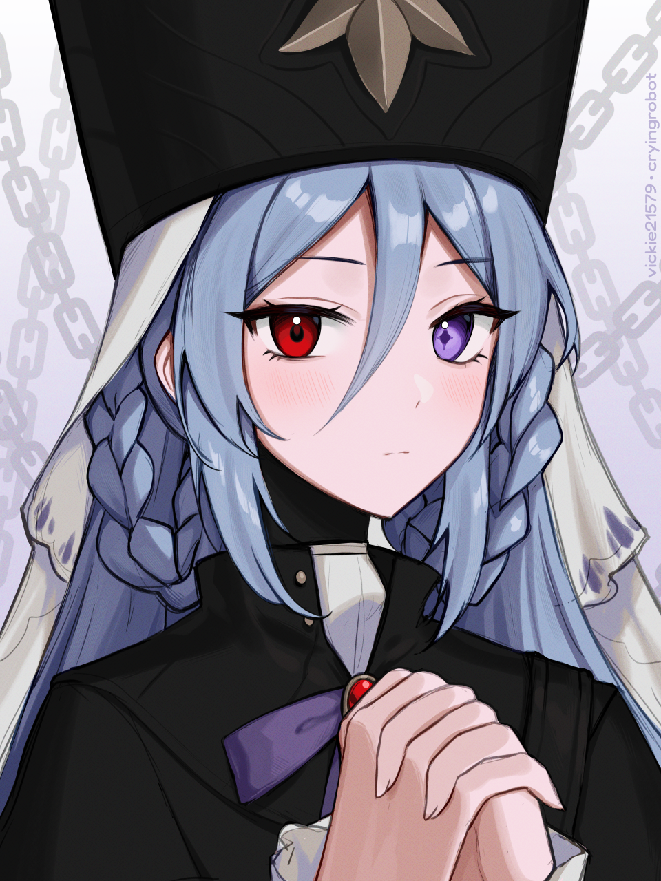 1girl, blue_hair, braid, brooch, commentary_request, dubra_(honkai:_star_rail), hair_between_eyes, hands_up, hat, highres, honkai:_star_rail, honkai_(series), jewelry, long_hair, looking_at_viewer, mitre, own_hands_together, red_eyes, solo, upper_body, veil, very_long_hair, vickie_(cryingrobot), violet_eyes