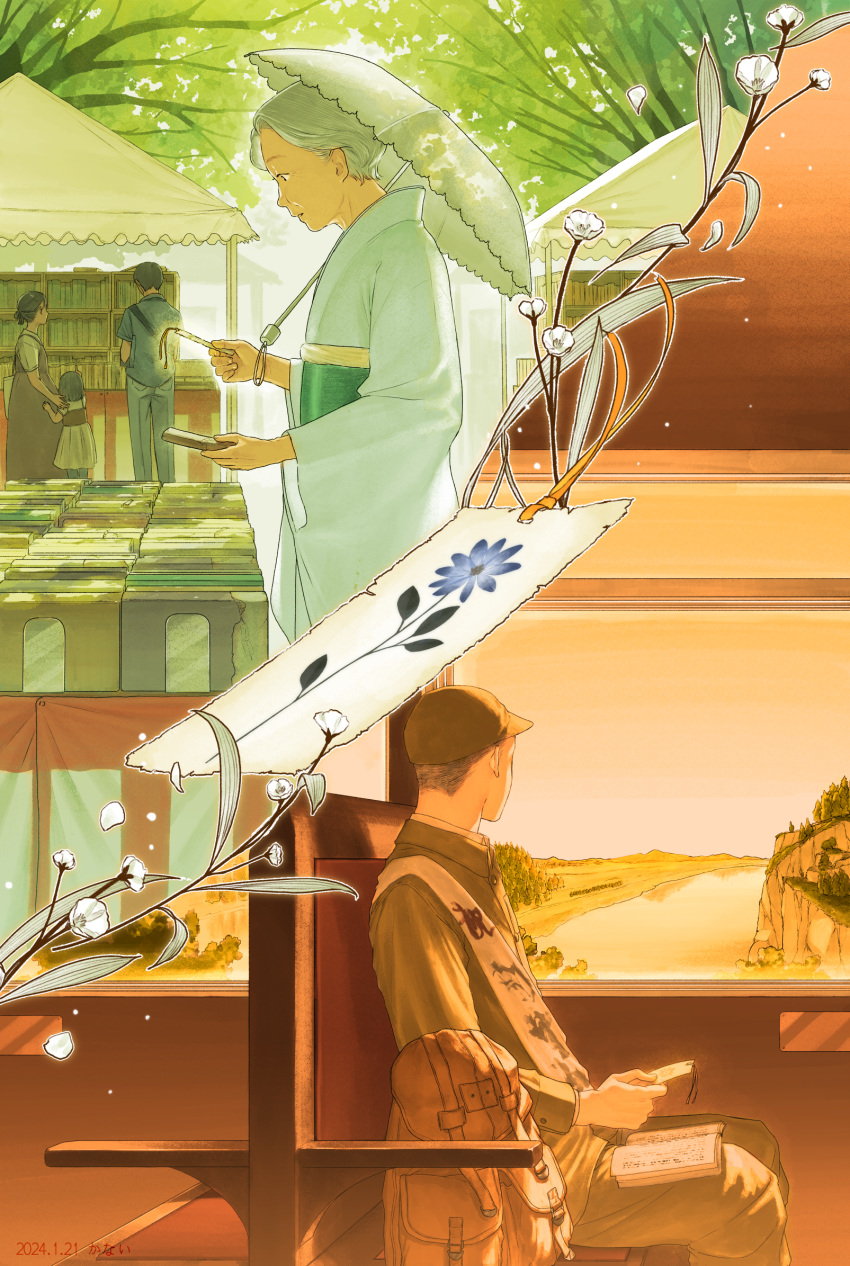 2boys, 3girls, backpack, bag, black_hair, bookmark, bookshelf, brown_dress