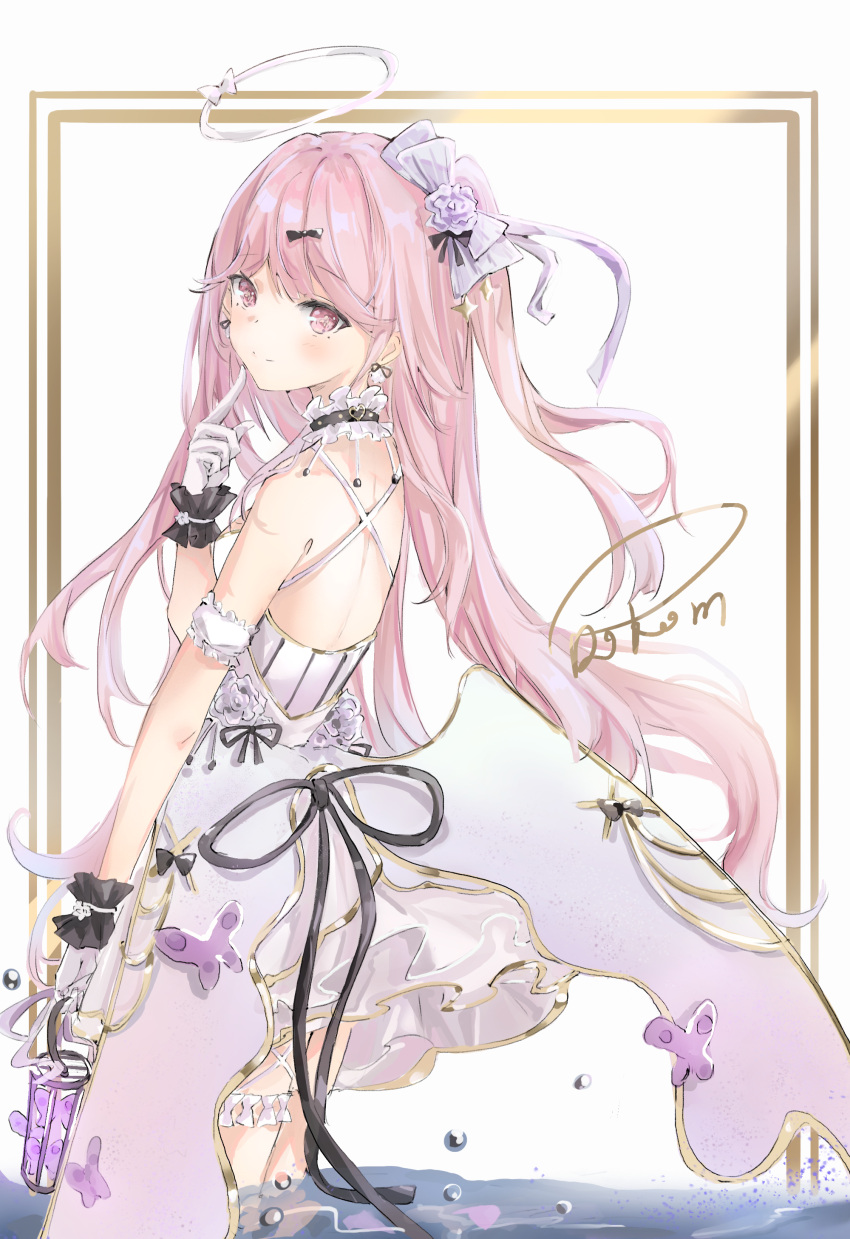 1girl, absurdres, bare_shoulders, black_bow, black_ribbon, black_wristband, bow, bug
