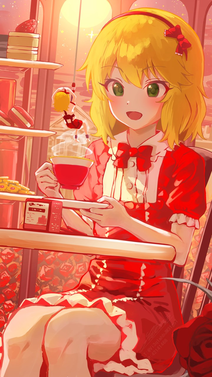 1girl, blonde_hair, blush, bow, bowtie, bungee_cord, bungee_jumping, cake