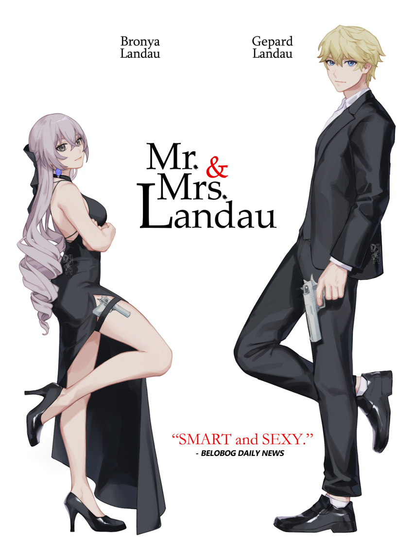 1boy, 1girl, backless_outfit, bare_shoulders, black_dress, black_suit, blonde_hair, blue_eyes, breasts, bronya_rand, brown_eyes, crossed_arms, dqdph, dress, earrings, english_commentary, expressionless, gepard_landau, grey_hair, gun, hetero, high_heels, highres, holding, holding_gun, holding_weapon, honkai:_star_rail, honkai_(series), jewelry, medium_breasts, mr._and_mrs._smith, pants, parody, suit, weapon