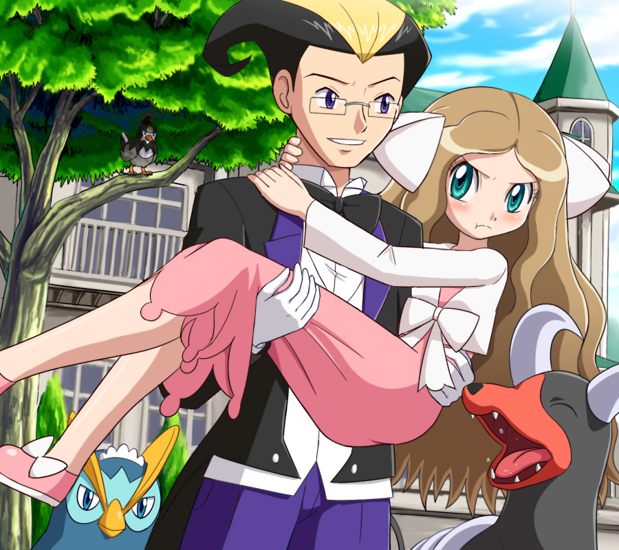 1boy, 1girl, :t, blonde_hair, blush, bowtie, brown_hair, butler