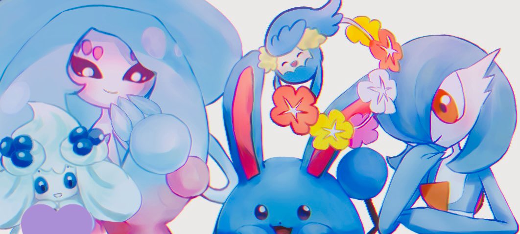 3girls, :3, ^_^, alcremie, alcremie_(berry_sweet), alcremie_(mint_cream), alternate_color, azumarill