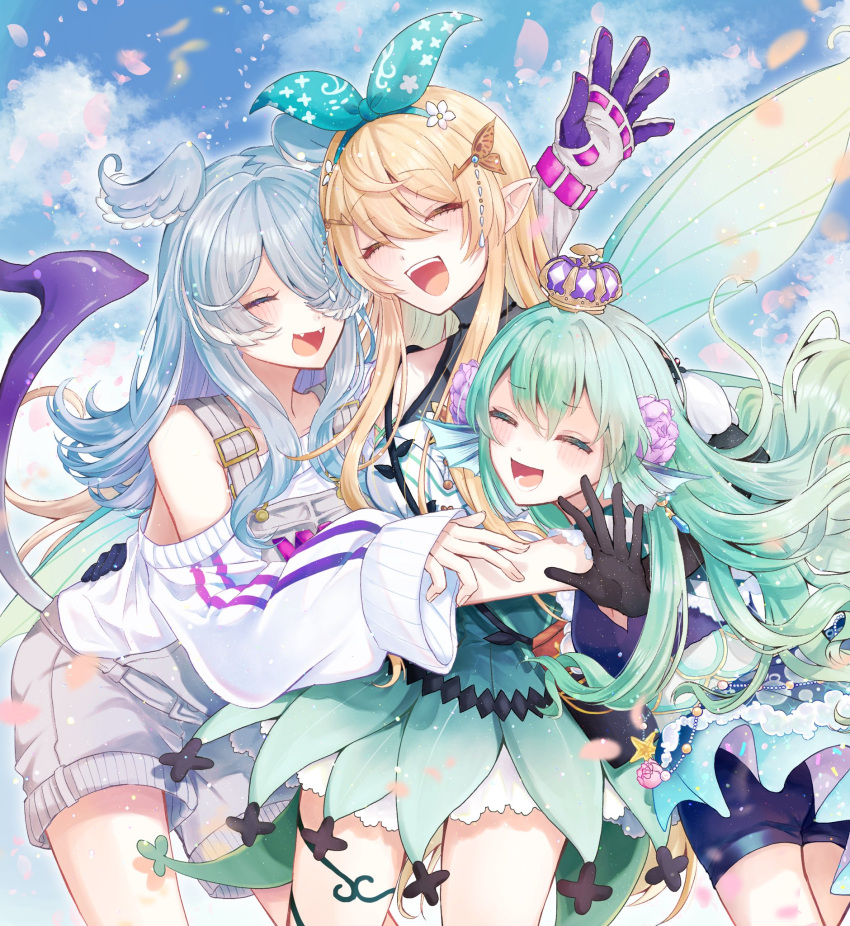 3girls, 7793gayu, black_gloves, blonde_hair, blue_hair, blue_sky, closed_eyes, clouds