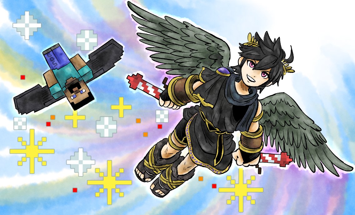 2boys, ahoge, angel, angel_wings, armlet, black_scarf, blue_sky, dark_pit, elytra_(minecraft), holding, kicdon, kid_icarus, kid_icarus_uprising, laurel_crown, male_focus, minecraft, multiple_boys, red_eyes, scarf, sky, steve_(minecraft), super_smash_bros., wings