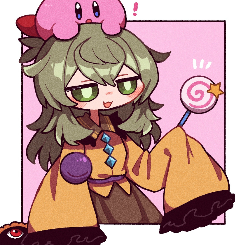 1girl, :3, blush, border, buttons, candy, chibi, cowboy_shot