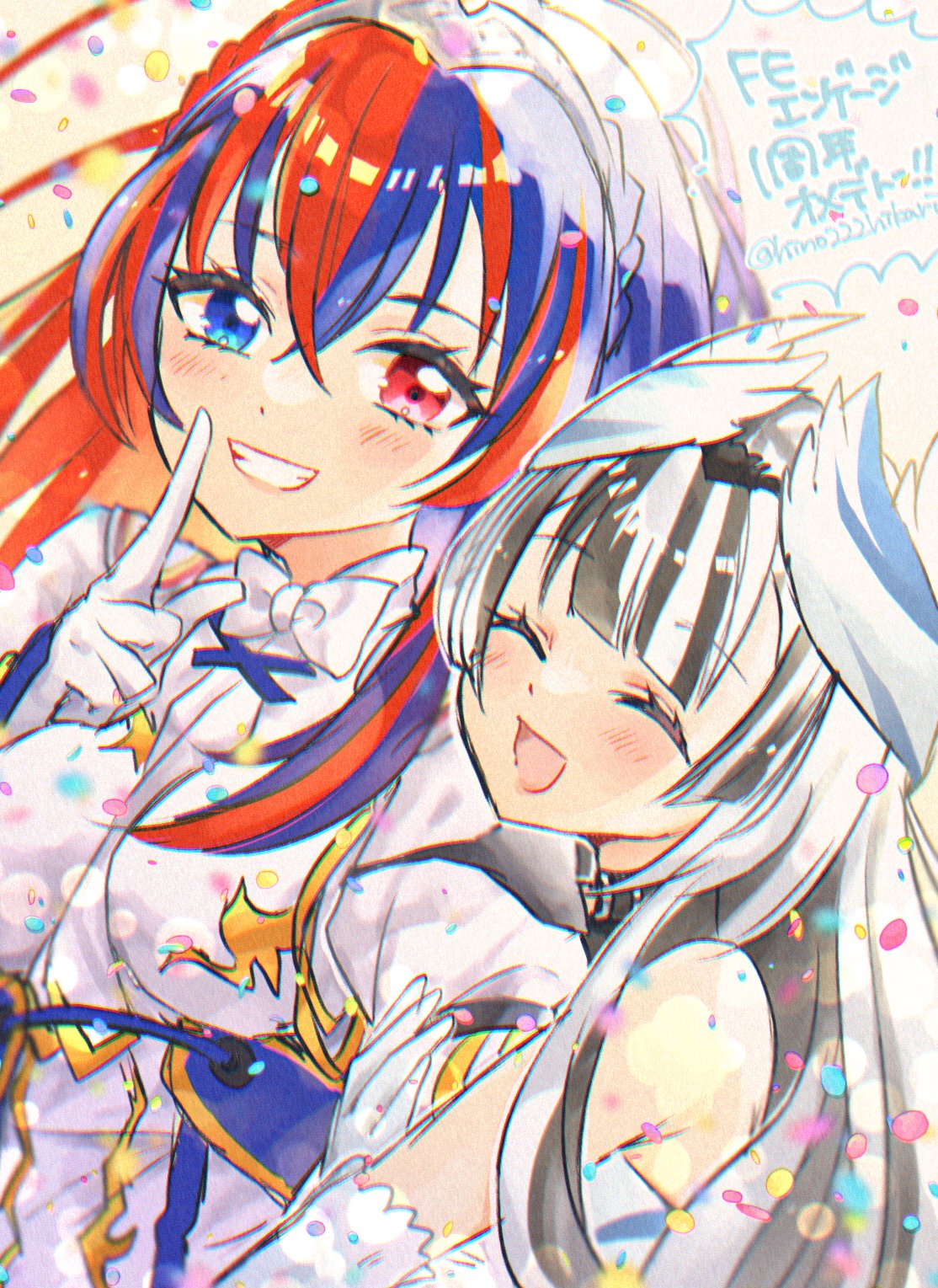 2girls, alear_(female)_(fire_emblem), alear_(fire_emblem), black_hair, blue_eyes, blue_hair, closed_eyes, crossed_bangs