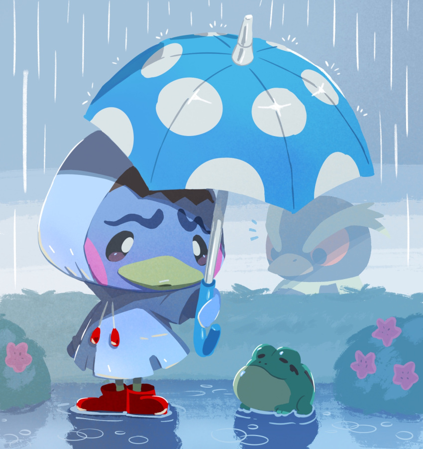 1boy, 1girl, animal_crossing, bird_boy, blue_coat, blue_raincoat, blue_umbrella, blush_stickers