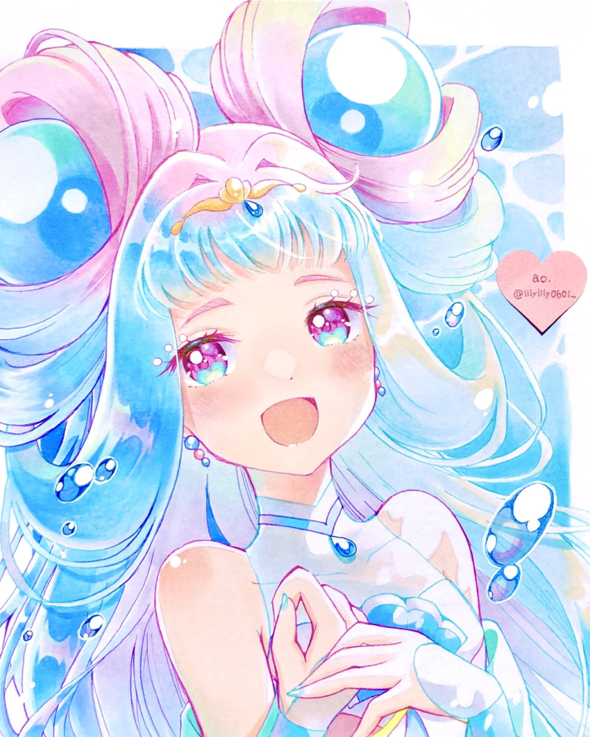 1girl, :d, air_bubble, artist_name, blue_eyes, blue_hair, bubble, clothing_cutout, commentary, cure_la_mer, earrings, eyelash_ornament, gradient_hair, hands_on_own_chest, heart, highres, jewelry, laura_la_mer, lilylily0601, long_hair, long_sleeves, looking_at_viewer, magical_girl, multicolored_eyes, multicolored_hair, pearl_hair_ornament, pink_eyes, pink_hair, precure, shell_brooch, shirt, shoulder_cutout, smile, solo, tiara, tropical-rouge!_precure, twitter_username, two-tone_hair, water, white_shirt