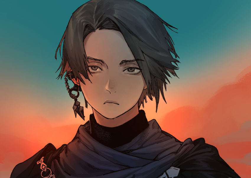 1girl, androgynous, black_eyes, black_hair, blue_sky, clouds, commentary_request, ear_piercing