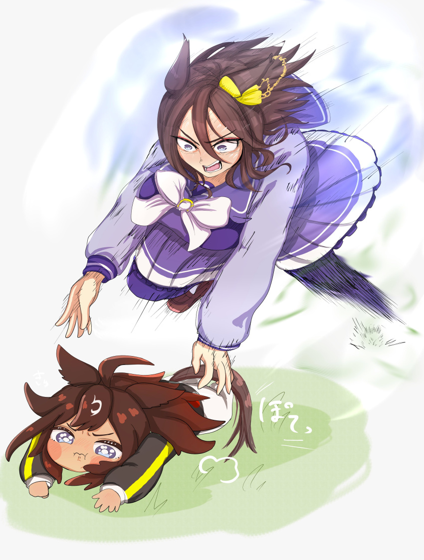 absurdres, ahoge, air_groove_(umamusume), animal_ears, blue_eyes, bow, brown_hair, closed_mouth