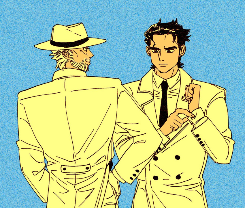 2boys, bad_id, bad_twitter_id, beard, blue_background, coat, earrings, facial_hair