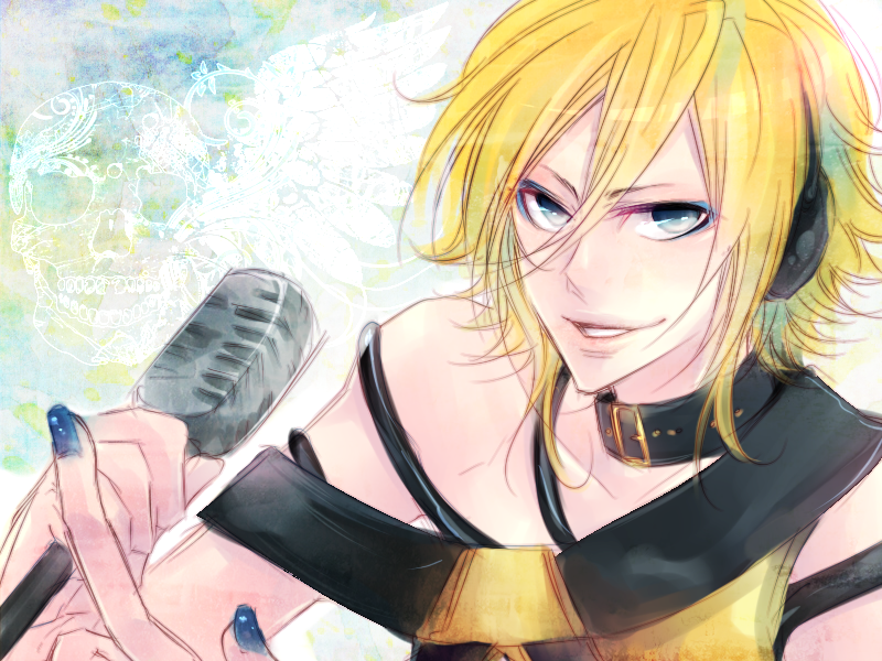 bad_id, blonde_hair, blue_eyes, choker, close-up, genderswap, grin, kumogai_otomaru