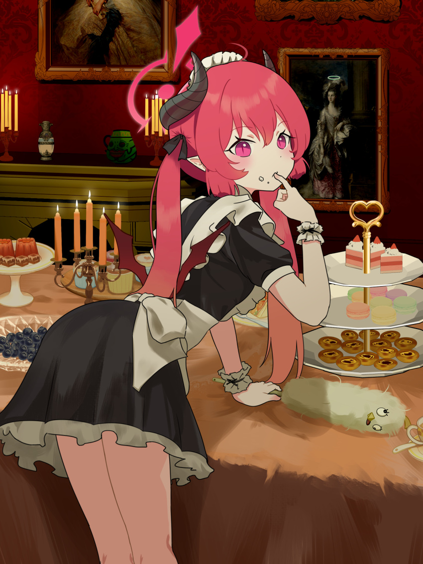 1girl, alternate_costume, apron, black_dress, black_horns, black_ribbon, blue_archive, blueberry