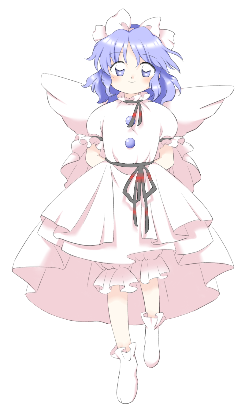1girl, arms_behind_back, bloomers, blue_eyes, blue_hair, bow, closed_mouth, dress