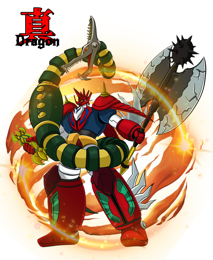 absurdres, armor, aura, axe, ayachu_(getter_robo_artist), blue_armor, fire, getter_dragon
