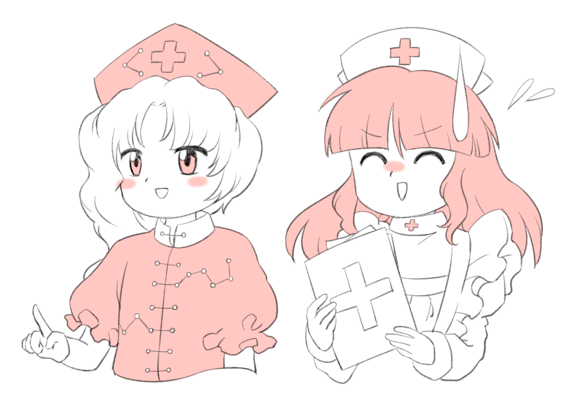 2girls, :d, ^_^, blush_stickers, closed_eyes, constellation_print, flying_sweatdrops, folder, hakurei_reimu, hat, holding, holding_folder, index_finger_raised, long_hair, multiple_girls, nonamejd, nurse_cap, official_style, puffy_short_sleeves, puffy_sleeves, short_sleeves, simple_background, smile, sweatdrop, touhou, v-shaped_eyebrows, white_background, yagokoro_eirin, zun_(style)