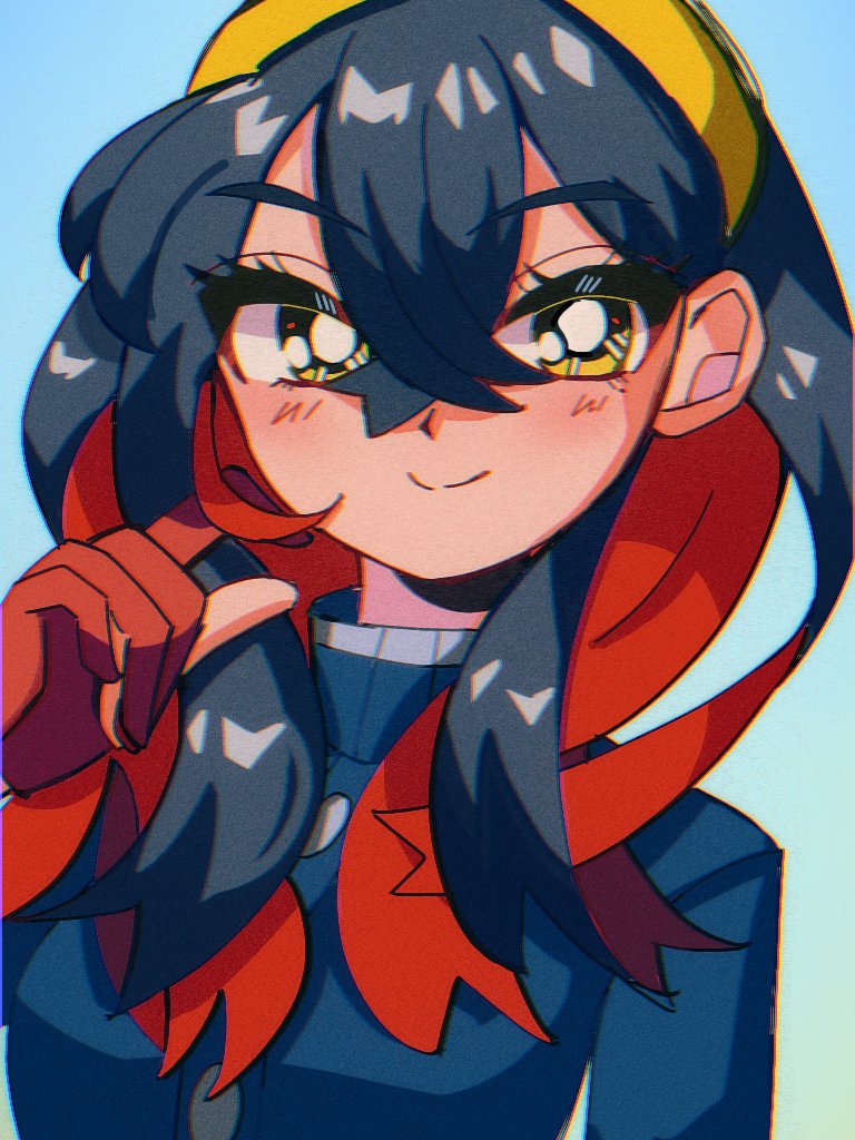 1990s_(style), 1girl, black_hair, blue_background, carmine_(pokemon), closed_mouth, colored_inner_hair, commentary_request, crossed_bangs, gloves, gradient_background, hairband, multicolored_hair, nfvw2evamr86075, pokemon, pokemon_sv, red_gloves, redhead, retro_artstyle, smile, solo, two-tone_hair, upper_body, yellow_eyes, yellow_hairband