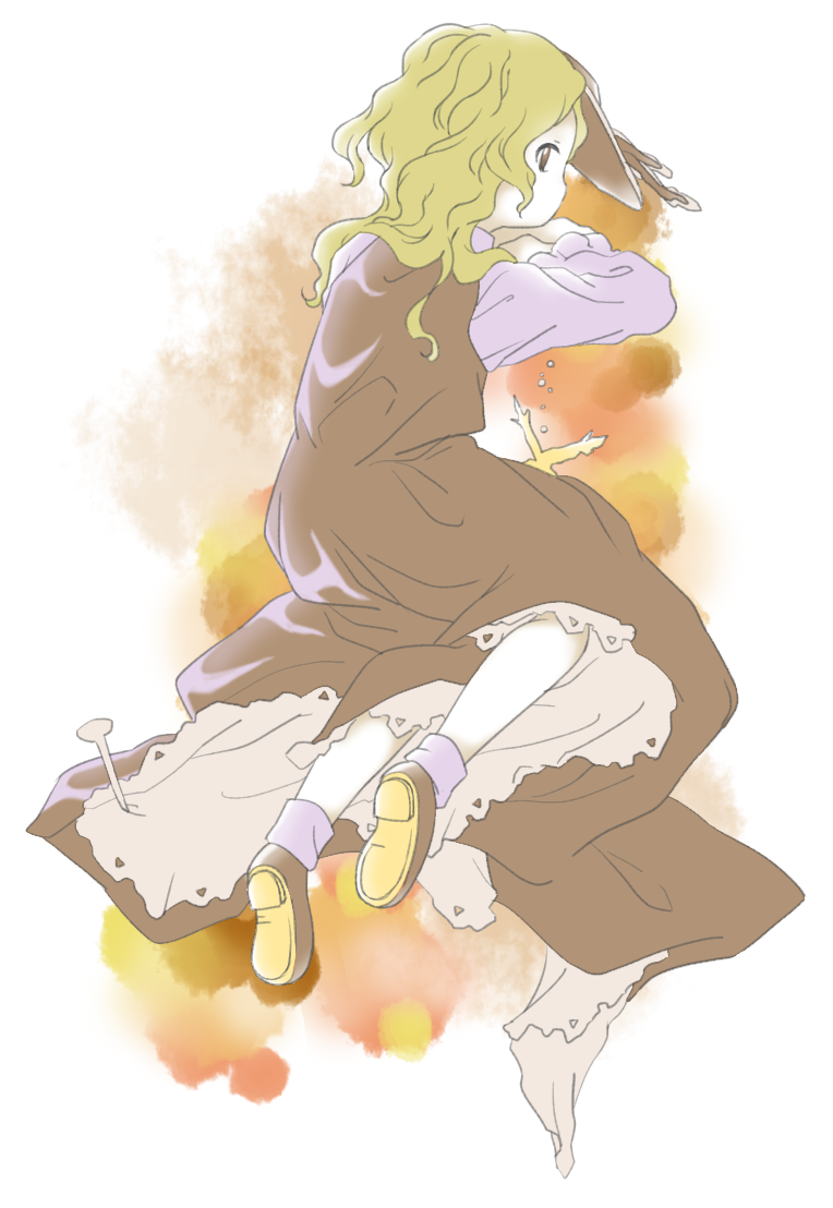 1girl, blonde_hair, brown_dress, brown_eyes, brown_footwear, brown_headwear, cross, dress, from_behind, full_body, hat, jacket_girl_(dipp), long_hair, long_sleeves, nail, no_mouth, nonamejd, official_style, solo, touhou, zun_(style)