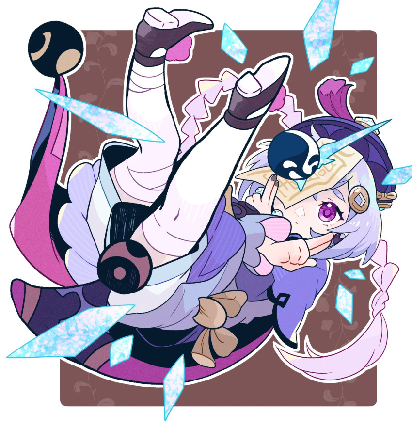 1girl, black_footwear, black_nails, blue_shorts, border, braid, braided_ponytail, brown_background, coin_hair_ornament, crossed_arms, cryokinesis, dress, earrings, expressionless, feet_up, floating, floating_hair, genshin_impact, hair_ornament, hands_up, hat, highres, jewelry, jiangshi, kuji-in, legs_up, long_hair, long_sleeves, looking_at_viewer, ofuda_on_head, orb, purple_dress, purple_hair, purple_headwear, qingdai_guanmao, qiqi_(genshin_impact), shorts, shorts_under_dress, solo, stud_earrings, tassel, thigh-highs, tomoetatibana, violet_eyes, vision_(genshin_impact), white_border, white_thighhighs, yin_yang, yin_yang_orb