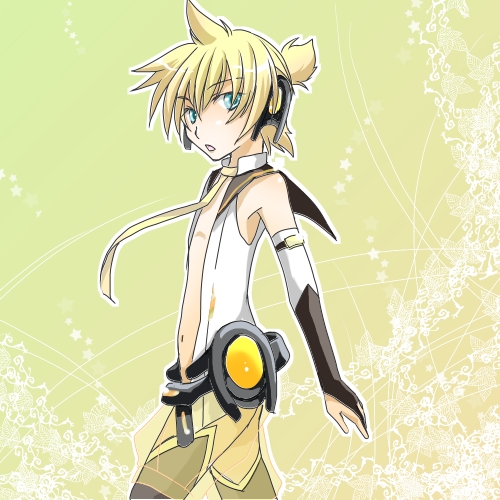 blonde_hair, blue_eyes, cosplay, miku_append, hatsune_miku_(append)_(cosplay), headset, kagamine_len, lowres