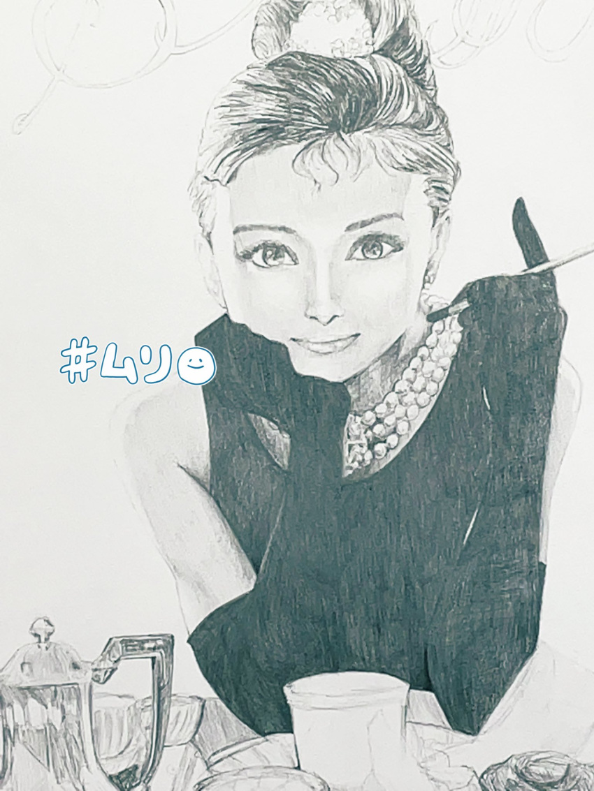 1girl, audrey_hepburn, bare_shoulders, breakfast_at_tiffany's, butter_(oshi8kyoumoh), closed_mouth, commentary_request, cup