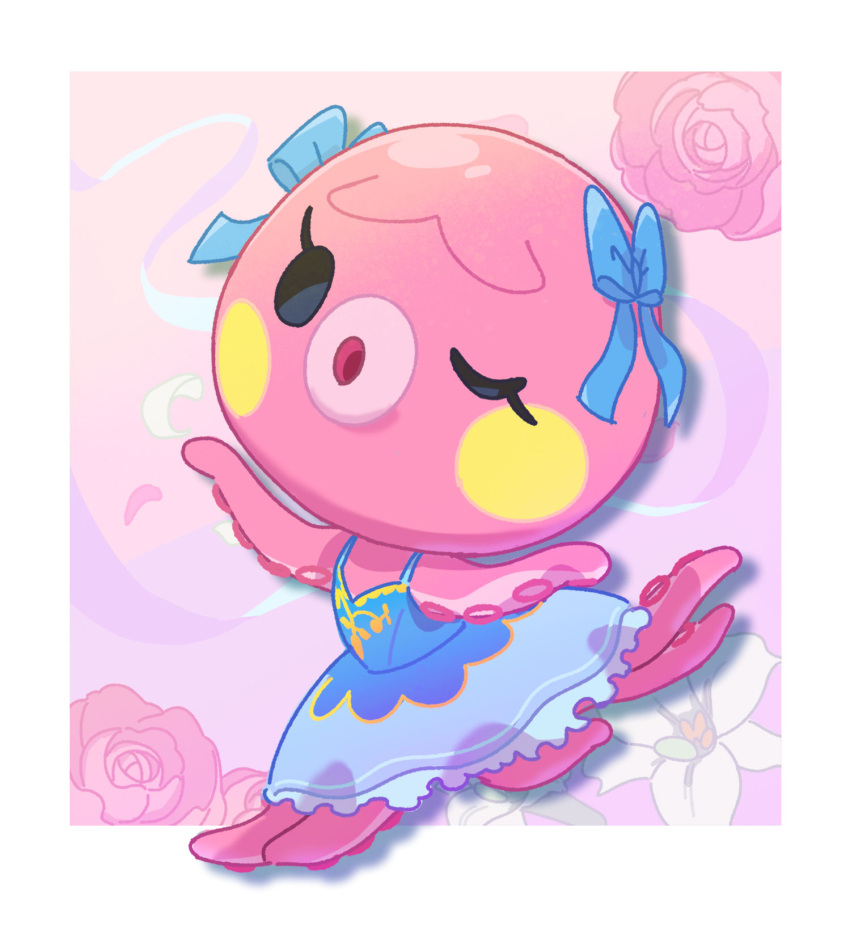 1girl, :o, animal_crossing, black_eyes, blue_bow, blue_dress, border, bow