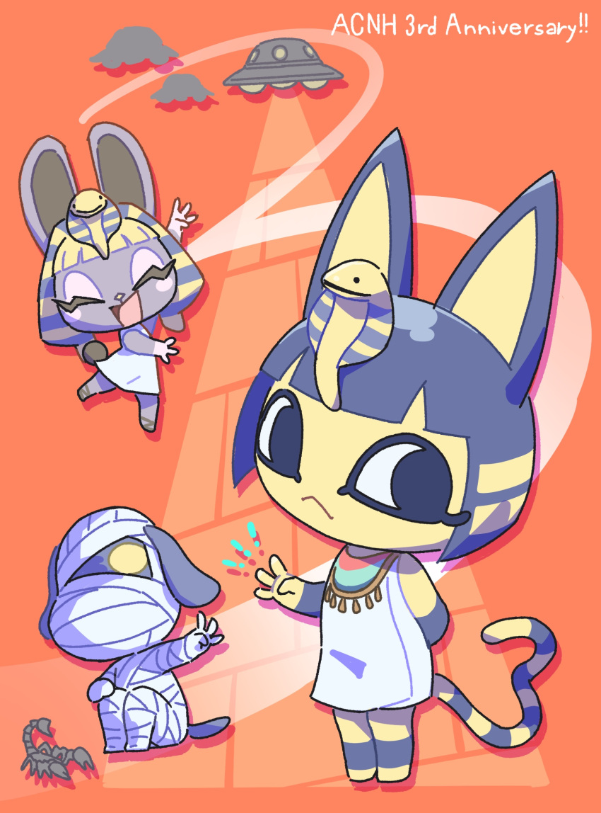 1boy, 2girls, :<, :d, ^_^, animal_crossing, ankha_(animal_crossing), anniversary