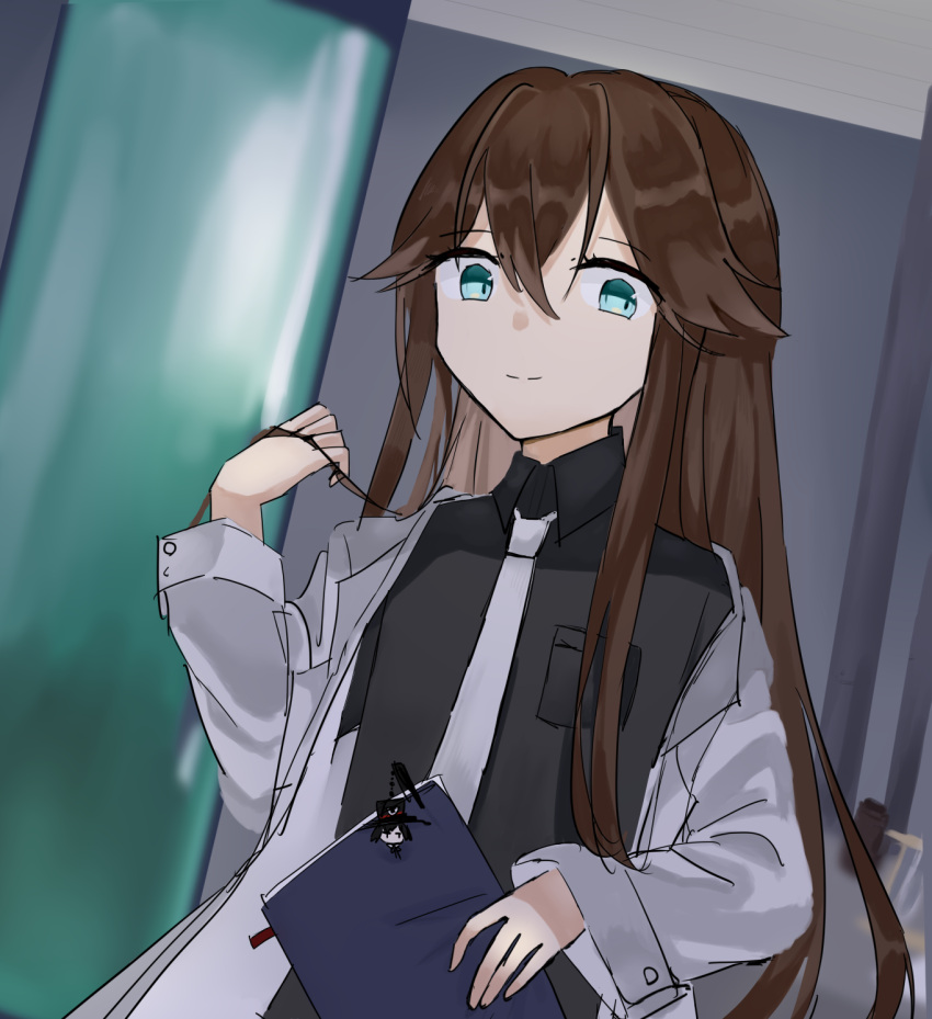 1other, alternate_costume, alternate_hair_length, alternate_hairstyle, androgynous, aqua_eyes, black_shirt, brown_hair