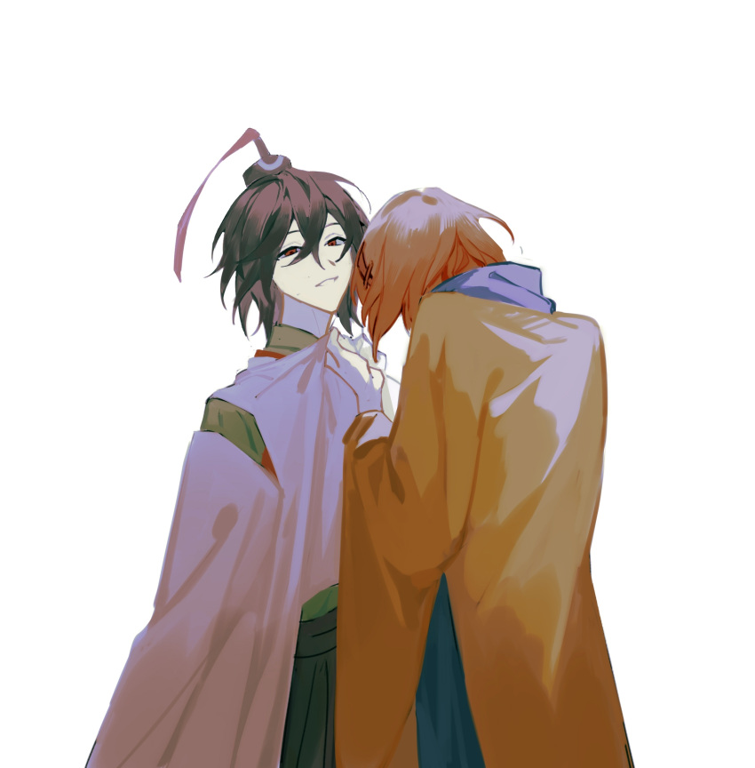 2others, absurdres, androgynous, black_hair, black_headwear, blue_scarf, chinese_commentary, clothes_grab