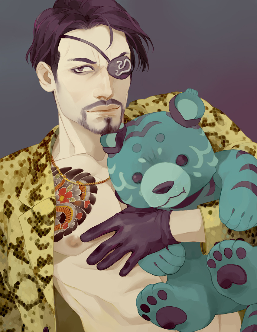 1boy, black_gloves, black_hair, chain_necklace, chest_tattoo, collarbone, eyepatch, facial_hair