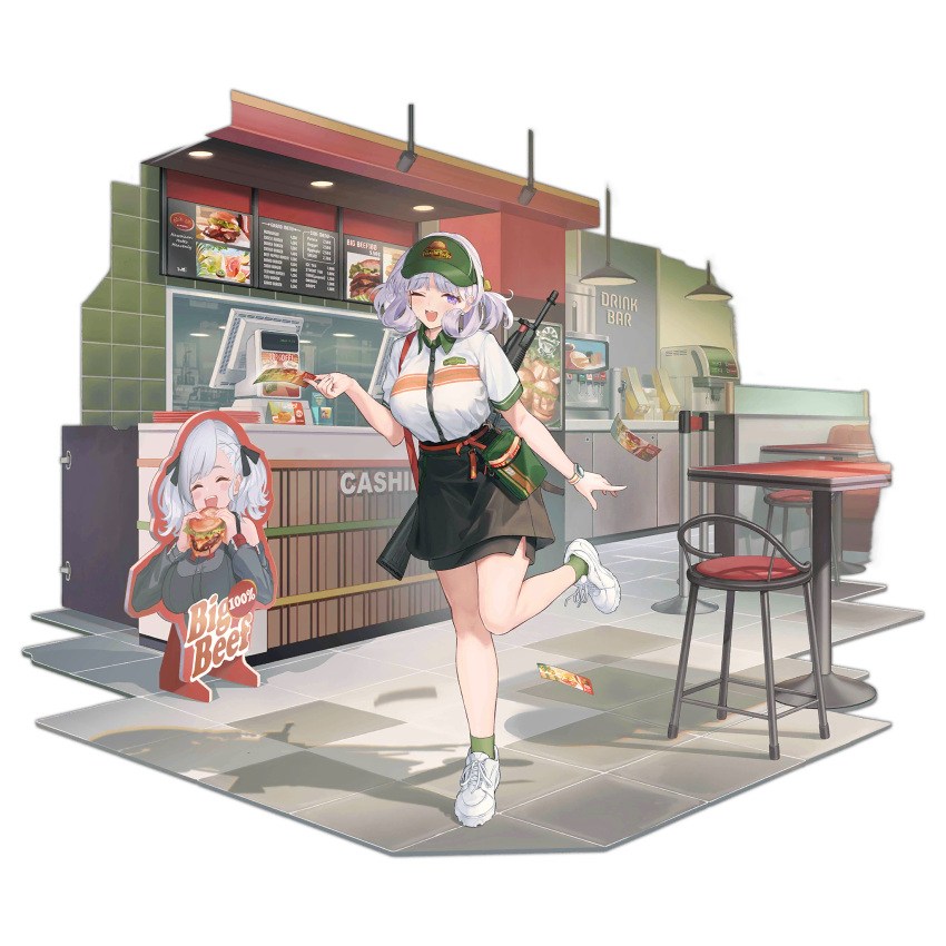 1girl, ;d, apron, black_apron, black_skirt, blush, booth_seating, breasts