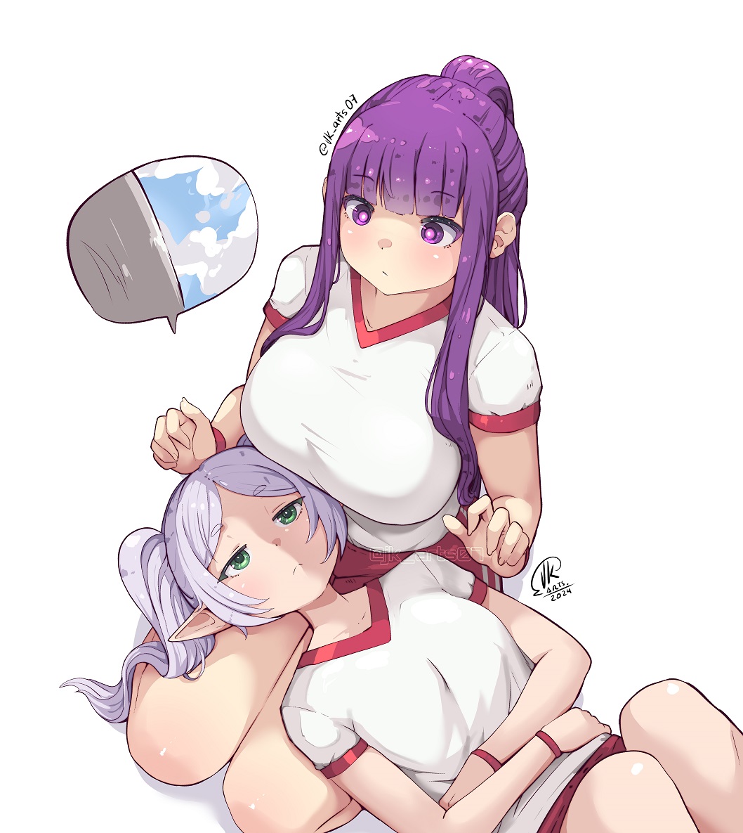 2girls, breasts, commentary, english_commentary, fern_(sousou_no_frieren), frieren, green_eyes, gym_uniform, jk_arts, lap_pillow, large_breasts, long_hair, looking_up, medium_breasts, medium_hair, multiple_girls, pointy_ears, purple_hair, simple_background, sousou_no_frieren, sportswear, violet_eyes, white_background