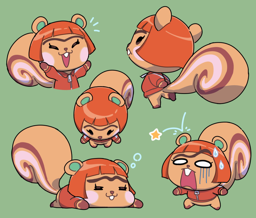 1girl, :d, ^_^, animal_crossing, arms_up, black_eyes, blank_eyes, blunt_bangs, blush, blush_stickers, buck_teeth, closed_eyes, closed_mouth, commentary_request, cropped_torso, from_above, from_behind, green_background, hazel_(animal_crossing), highres, jacket, kopa_nishikida, long_sleeves, looking_back, lying, multiple_views, notice_lines, on_stomach, open_mouth, orange_hair, red_jacket, short_hair, sideways_glance, simple_background, sleep_bubble, sleeping, smile, star_(symbol), sweatdrop, tears, teeth, unibrow, upper_body, wide-eyed, zipper, zipper_pull_tab