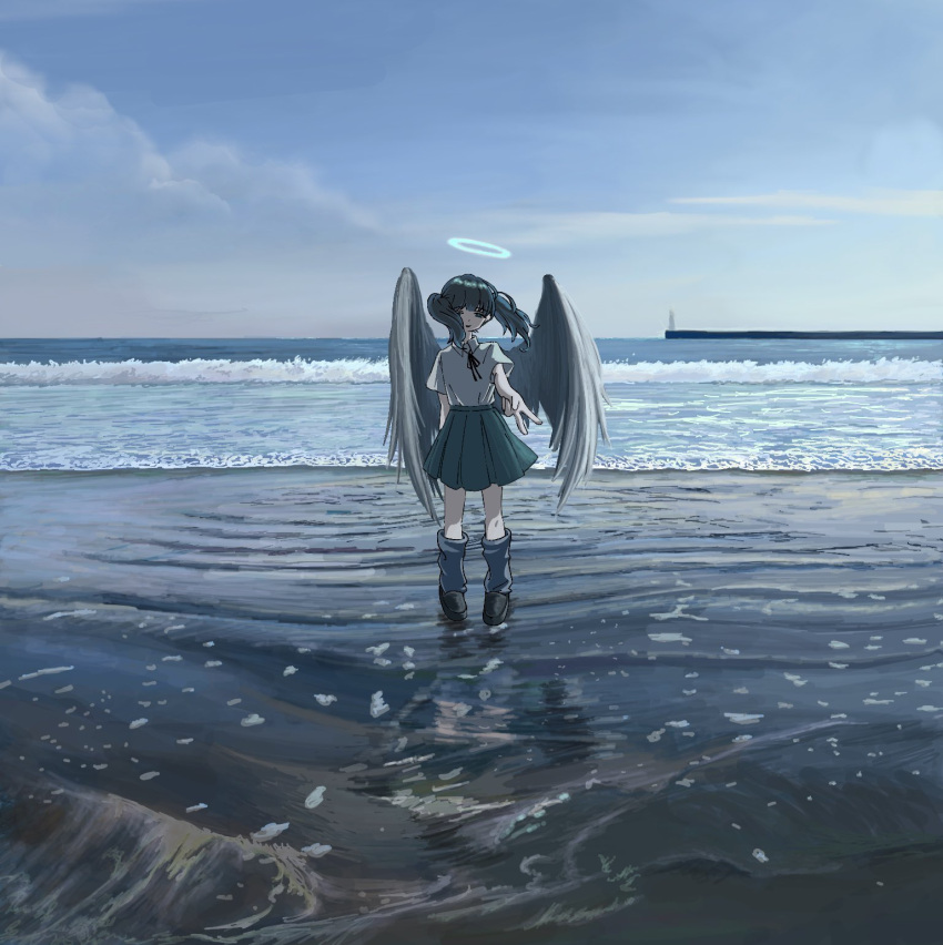 1girl, angel_wings, aqua_skirt, beach, black_footwear, blue_sky, blue_socks, enoshima