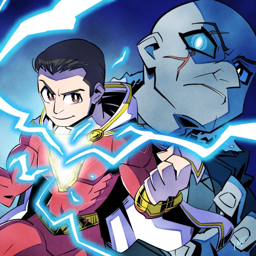 2boys, alternate_skin_color, bald, billy_batson, black_hair, blue_background, blue_eyes, blue_skin