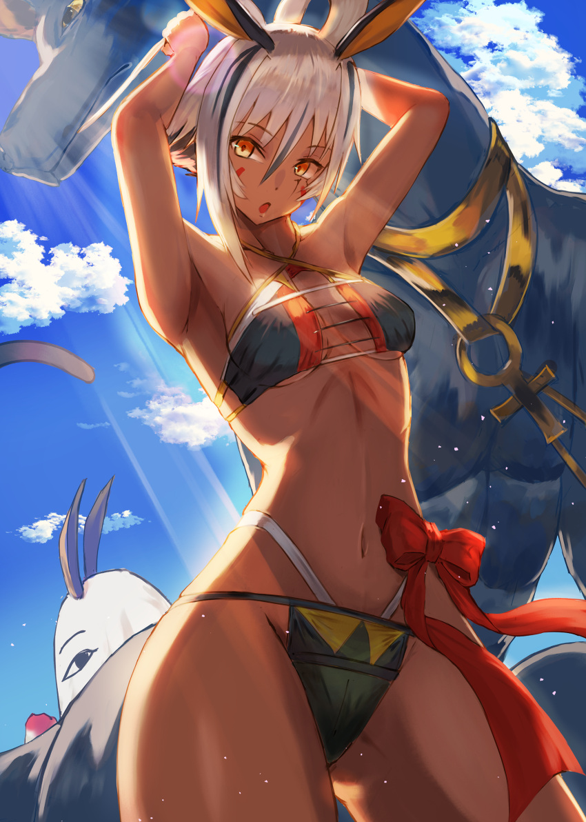 1girl, absurdres, armpits, arms_up, blue_sky, clouds, dark-skinned_female, dark_skin, fate/grand_order, fate_(series), highres, inugami86, medjed_(fate), navel, nitocris_alter_(fate), open_mouth, short_hair, sky, swimsuit, white_hair, yellow_eyes