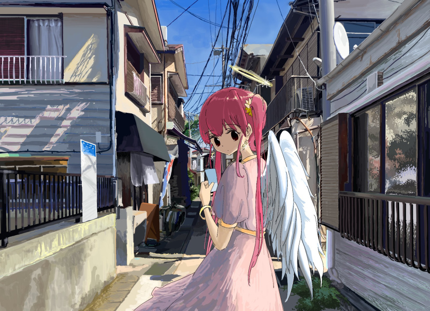 1girl, alley, angel_wings, black_eyes, blue_sky, bracelet, dress, earrings