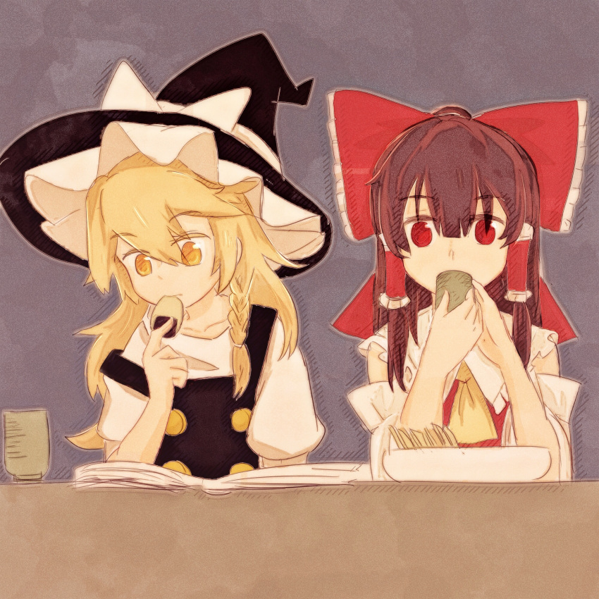 2girls, ascot, black_vest, blonde_hair, book, bow, braid, brown_hair