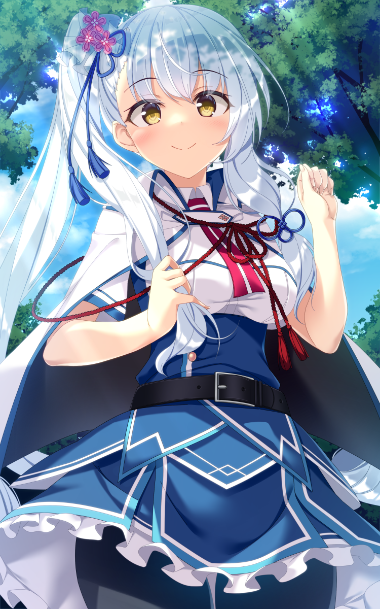 1girl, arm_at_side, belt, black_belt, black_pantyhose, blue_background, blue_skirt, blush, breasts, cape, closed_mouth, commentary_request, commission, cowboy_shot, eyelashes, eyes_visible_through_hair, flower, frilled_skirt, frills, gradient_background, hair_between_eyes, hair_flower, hair_ornament, hand_up, head_tilt, high-waist_skirt, highres, kizuna_kirameku_koi_iroha, large_breasts, looking_at_viewer, pantyhose, pink_flower, shirt, side_ponytail, sidelocks, simple_background, sitting, skeb_commission, skirt, smile, solo, sparkle, suzakuin_tsubaki, tassel, tassel_hair_ornament, white_background, white_cape, white_shirt, yellow_eyes, yogurt_(hata_hatsu), yokozuwari