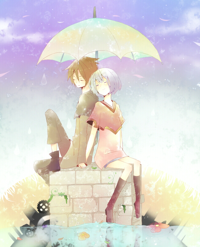 brown_hair, short_hair, sitting, tengutan, umbrella, vocaloid, water, white_hair