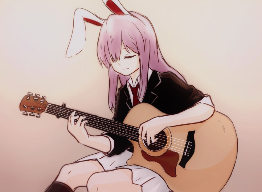 1girl, animal_ears, blazer, closed_eyes, closed_mouth, collared_shirt, commentary, guitar