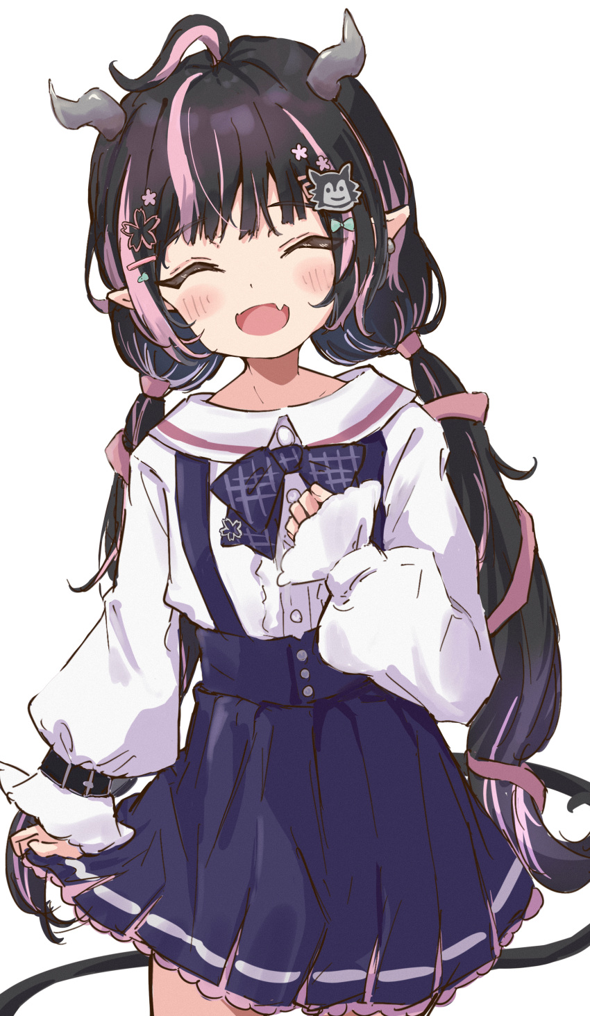 1girl, absurdres, ahoge, black_bow, black_bowtie, black_hair, black_skirt, blush